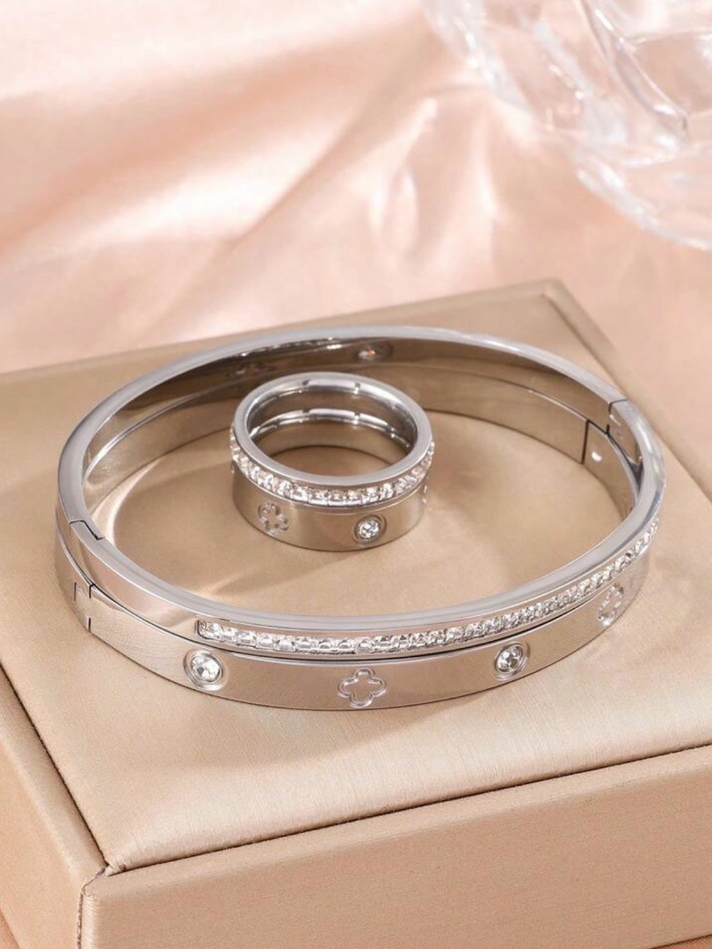 Polished Silver-Tone Crystal Bangle and Ring Set